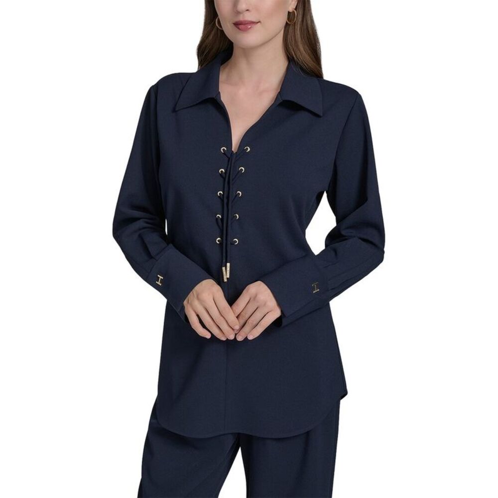 Halston Womens Lace-Up Blouse, Blue